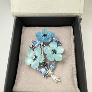 Lisner Blue Thermoset Lucite & Rhinestone Flower Brooch, Vintage